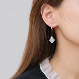 Natural Hetian Jade Diamond Geometry Earrings Chinese Retro Tassel Antique Craft