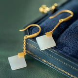 Natural Hetian Jade Diamond Geometry Earrings Chinese Retro Tassel Antique Craft