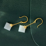Natural Hetian Jade Diamond Geometry Earrings Chinese Retro Tassel Antique Craft