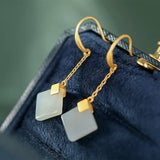 Natural Hetian Jade Diamond Geometry Earrings Chinese Retro Tassel Antique Craft
