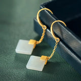 Natural Hetian Jade Diamond Geometry Earrings Chinese Retro Tassel Antique Craft
