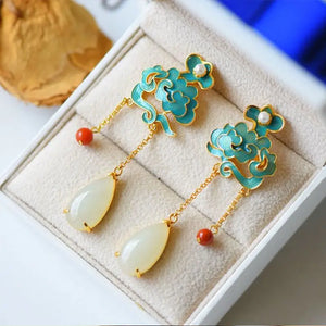 Natural Hetian Jade Tassel Earrings Chinese Ancient Style Women's Silver Jewelry
