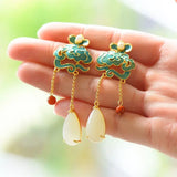Natural Hetian Jade Tassel Earrings Chinese Ancient Style Women's Silver Jewelry
