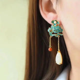 Natural Hetian Jade Tassel Earrings Chinese Ancient Style Women's Silver Jewelry