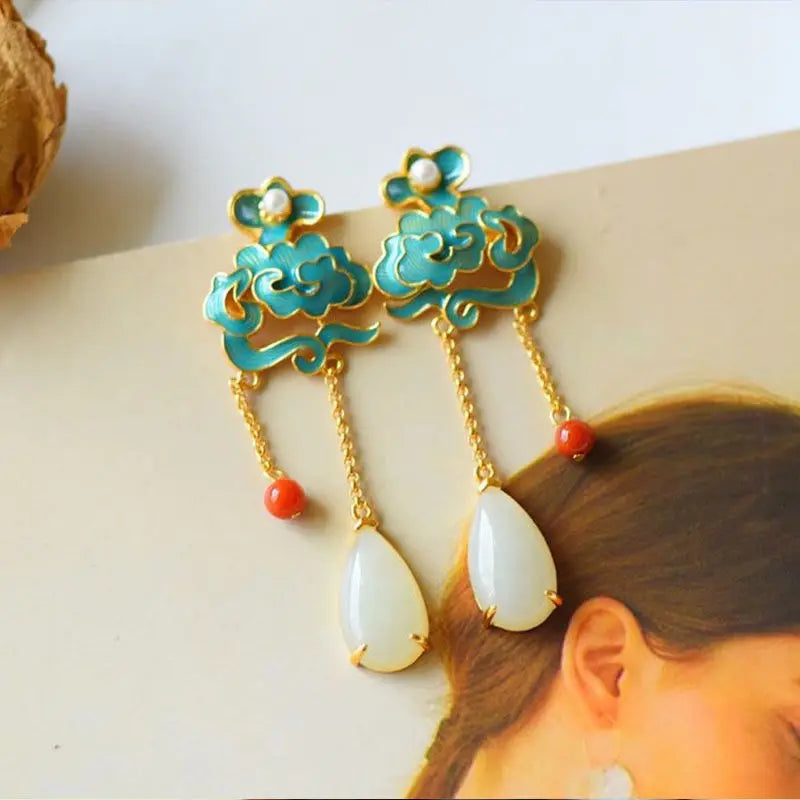 Natural Hetian Jade Tassel Earrings Chinese Ancient Style Women's Silver Jewelry