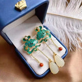 Natural Hetian Jade Tassel Earrings Chinese Ancient Style Women's Silver Jewelry