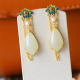 Hetian Jade Drop Tassel Earrings Enamel Porcelain Craft Jewelry