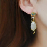Hetian Jade Drop Tassel Earrings Enamel Porcelain Craft Jewelry