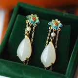 Hetian Jade Drop Tassel Earrings Enamel Porcelain Craft Jewelry