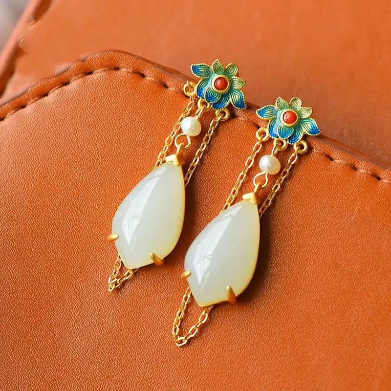 Hetian Jade Drop Tassel Earrings Enamel Porcelain Craft Jewelry