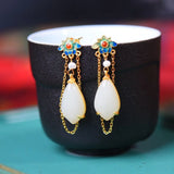 Hetian Jade Drop Tassel Earrings Enamel Porcelain Craft Jewelry