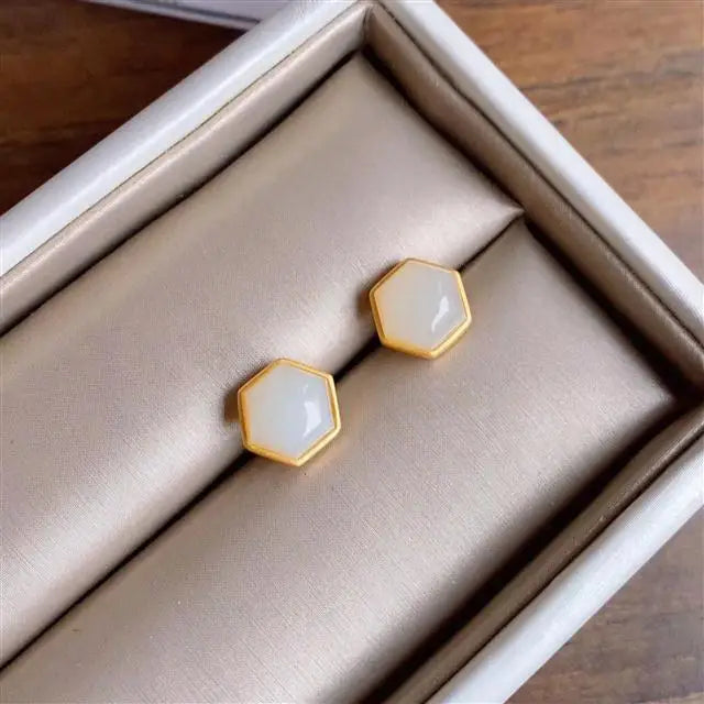 Natural Hetian Jade Geometric Earrings Chinese Retro Small Charm Women's Jewelry