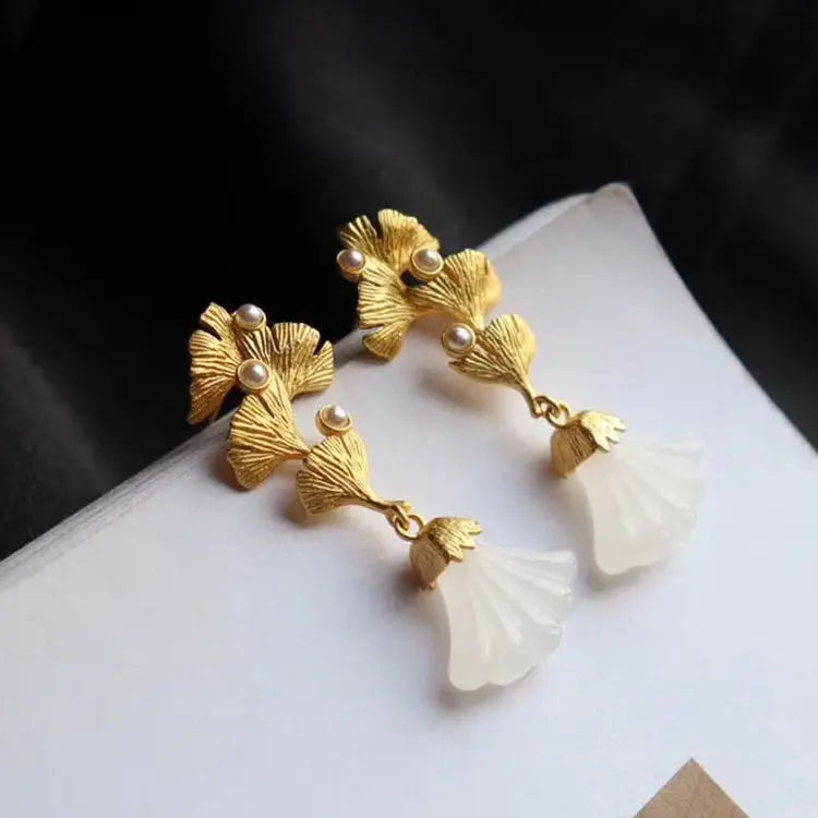 Natural Hetian Jade Geometric Triangle Earrings Retro Craft Women's Jewelry