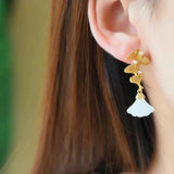 Natural Hetian Jade Geometric Triangle Earrings Retro Craft Women's Jewelry