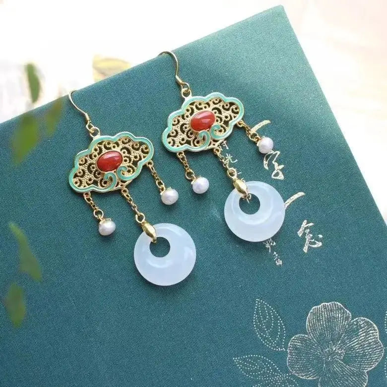 Hetian Jade Hollow Tassel Earrings Chinese Retro Palace Unique Craftsmanship
