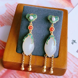 Natural Hetian Jade Horse Eye Tassel Earrings Chinese Retro Silver Jewelry