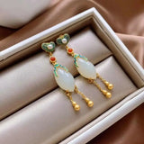 Natural Hetian Jade Horse Eye Tassel Earrings Chinese Retro Silver Jewelry