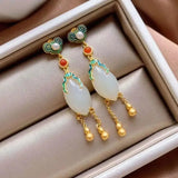 Natural Hetian Jade Horse Eye Tassel Earrings Chinese Retro Silver Jewelry