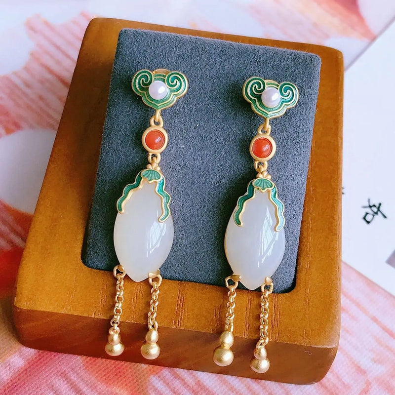 Natural Hetian Jade Horse Eye Tassel Earrings Chinese Retro Silver Jewelry