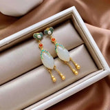 Natural Hetian Jade Horse Eye Tassel Earrings Chinese Retro Silver Jewelry