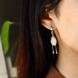 Natural Hetian Jade Horse Eye Tassel Earrings Chinese Retro Silver Jewelry