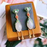 Natural Hetian Jade Horse Eye Tassel Earrings Chinese Retro Silver Jewelry