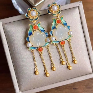 Hetian Jade Tassel Earrings - Chinese Retro Court Silver Jewelry