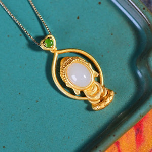 Hetian Jade Pith Silver Pendant Necklace - Chinese Retro Palace Women's