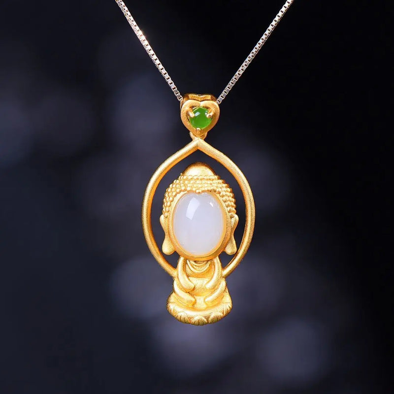 Hetian Jade Pith Silver Pendant Necklace - Chinese Retro Palace Women's
