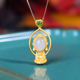 Hetian Jade Pith Silver Pendant Necklace - Chinese Retro Palace Women's