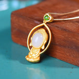 Hetian Jade Pith Silver Pendant Necklace - Chinese Retro Palace Women's