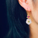 Chinese Hetian Jade Plum Earrings Retro Silver Jewelry
