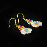 Chinese Hetian Jade Plum Earrings Retro Silver Jewelry