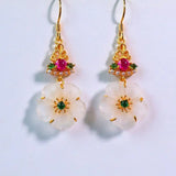 Chinese Hetian Jade Plum Earrings Retro Silver Jewelry