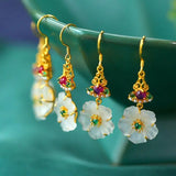 Chinese Hetian Jade Plum Earrings Retro Silver Jewelry