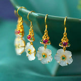 Chinese Hetian Jade Plum Earrings Retro Silver Jewelry