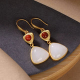 Natural Hetian Jade Southern Red Geometric Earrings Chinese Retro Palace