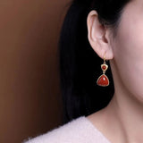 Natural Hetian Jade Southern Red Geometric Earrings Chinese Retro Palace