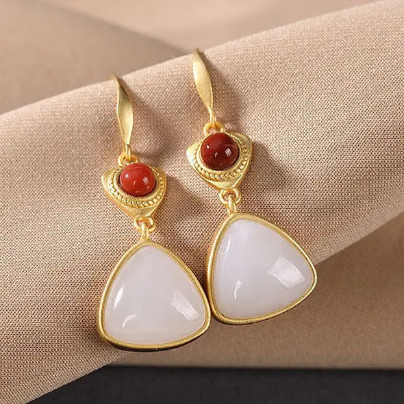 Natural Hetian Jade Southern Red Geometric Earrings Chinese Retro Palace