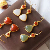 Natural Hetian Jade Southern Red Geometric Earrings Chinese Retro Palace