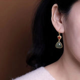 Natural Hetian Jade Southern Red Geometric Earrings Chinese Retro Palace
