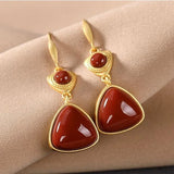 Natural Hetian Jade Southern Red Geometric Earrings Chinese Retro Palace