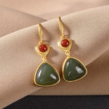 Natural Hetian Jade Southern Red Geometric Earrings Chinese Retro Palace