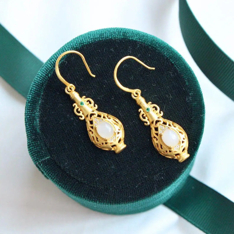 Vintage Hetian Jade Vase Shaped Ear Hook Silver Jewelry