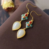 Hetian Jade Water Drop Earrings Cloisonne Enamel Ethnic Women's Jewelry