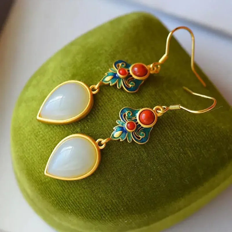 Hetian Jade Water Drop Earrings Cloisonne Enamel Ethnic Women's Jewelry