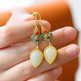 Hetian Jade Water Drop Earrings Cloisonne Enamel Ethnic Women's Jewelry