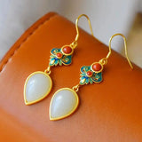 Hetian Jade Water Drop Earrings Cloisonne Enamel Ethnic Women's Jewelry