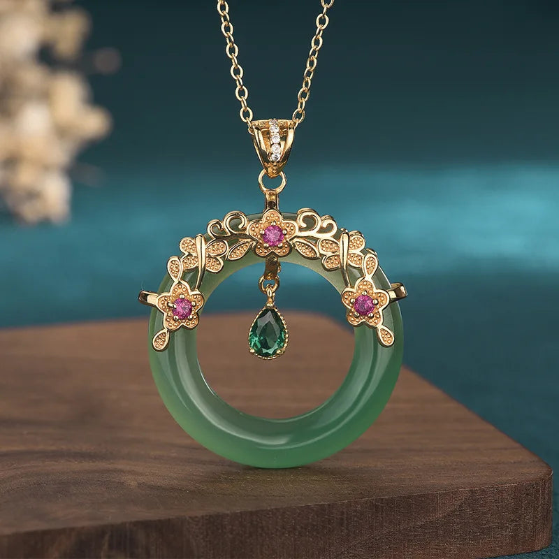 Chalcedony Peace Ring Pendant Necklace Gold-Plated Zircon Crystal