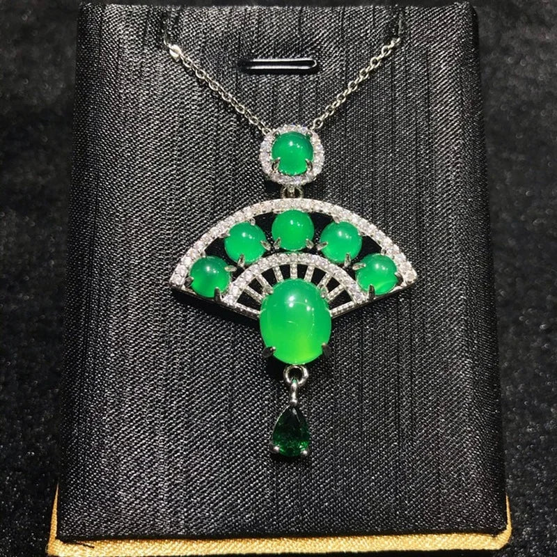 Green Chalcedony Fan Pendant Agate Necklace